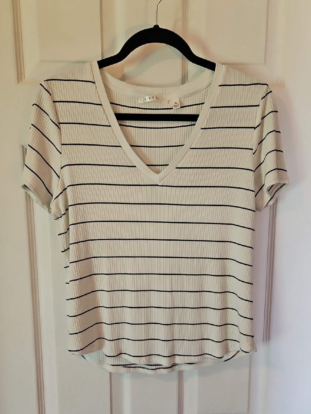 Cyrus White V-Neck Short Sleeve Top with Black Stripes
